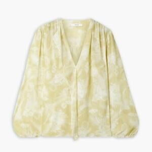 Vince Floral Jacquard Wheat Shirred Long Sleeve Blouse Yellow Sheer Loose Top S